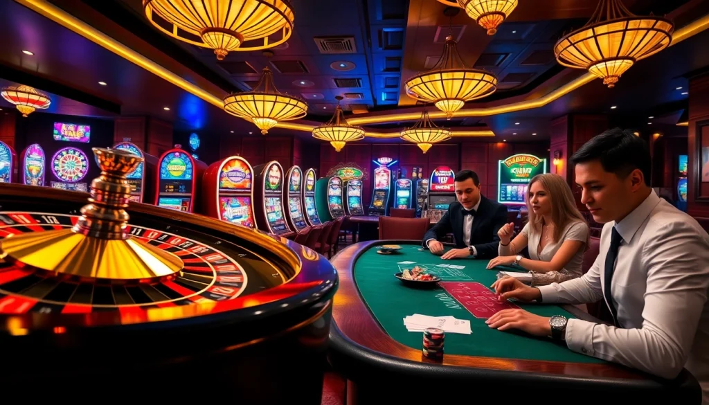 Experience the thrilling atmosphere of i9bet casino with vibrant slot machines and a spinning roulette wheel.