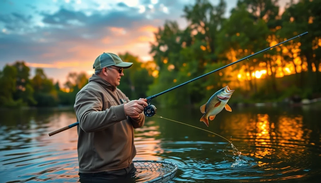 Fly fishing for bass in a serene lake during sunset with an angler casting a line.