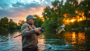 Fly fishing for bass in a serene lake during sunset with an angler casting a line.