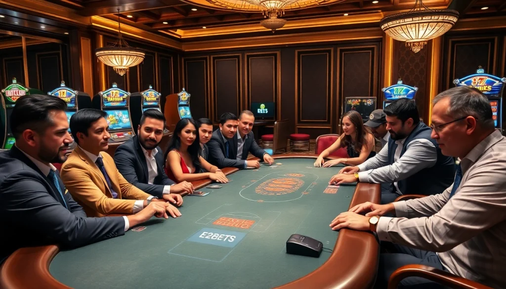E2BETS players engaging vigorously around a luxurious casino table while enjoying various games.