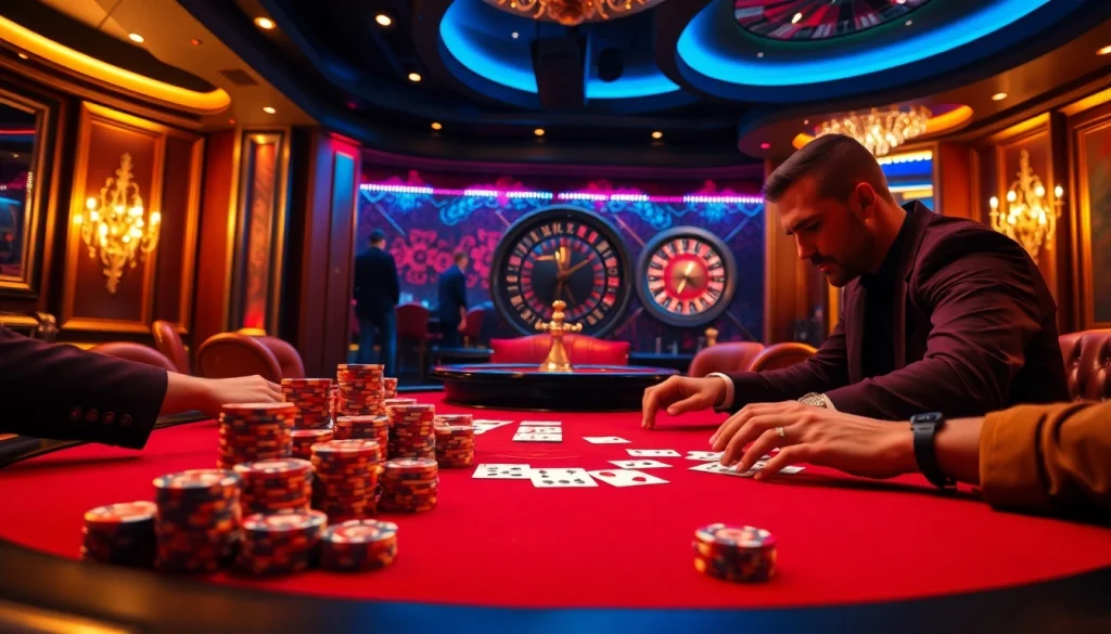 Engaging poker players at XX88 showcase high-stakes action in a luxurious casino setting.