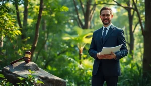 Environmental lawyer holding legal documents in a forest, highlighting their commitment to nature protection.