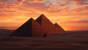 Visual representation of piraminds at sunset, showcasing their majestic structure amidst desert scenery.