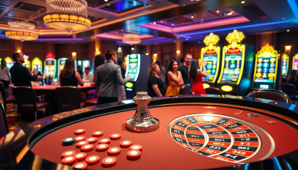 Players engaging at a luxurious mm88 casino, featuring a roulette table and slot machines.