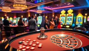 Players engaging at a luxurious mm88 casino, featuring a roulette table and slot machines.