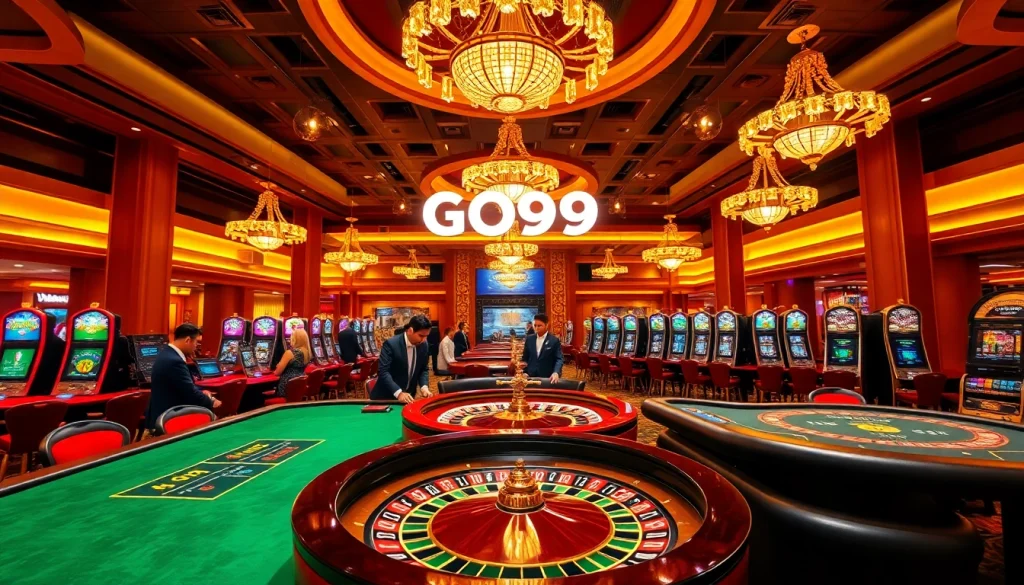Experience the thrill of GO99 at an elegant casino with poker tables and roulette wheels.