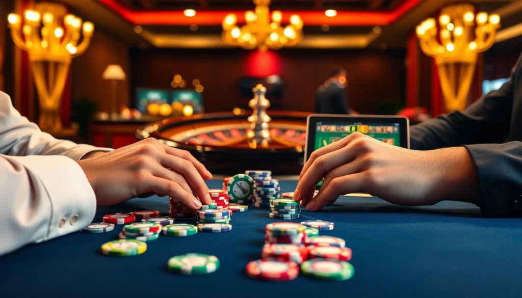 Exciting gameplay at the iwinclub casino with poker chips, cards, and a roulette wheel.