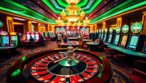 Experience a thrilling moment at xx88's vibrant casino, featuring roulette, poker tables, and slot machines.