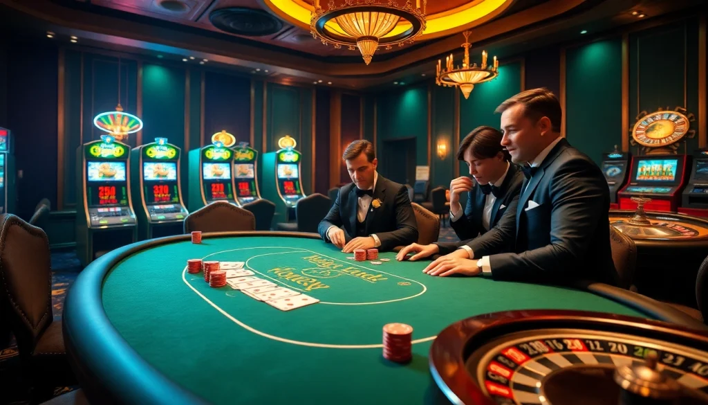 Engaged players enjoying the k9k9 game at a luxurious casino poker table.