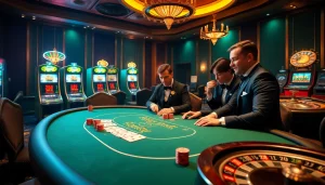 Engaged players enjoying the k9k9 game at a luxurious casino poker table.