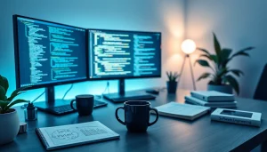 Software engineering workspace with dual monitors showing code, creating an innovative atmosphere.