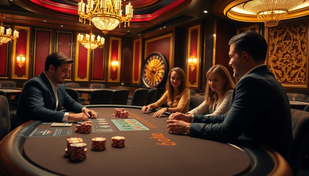 Intense poker game showcasing strategic moves in a luxurious casino with daga-themed decor.