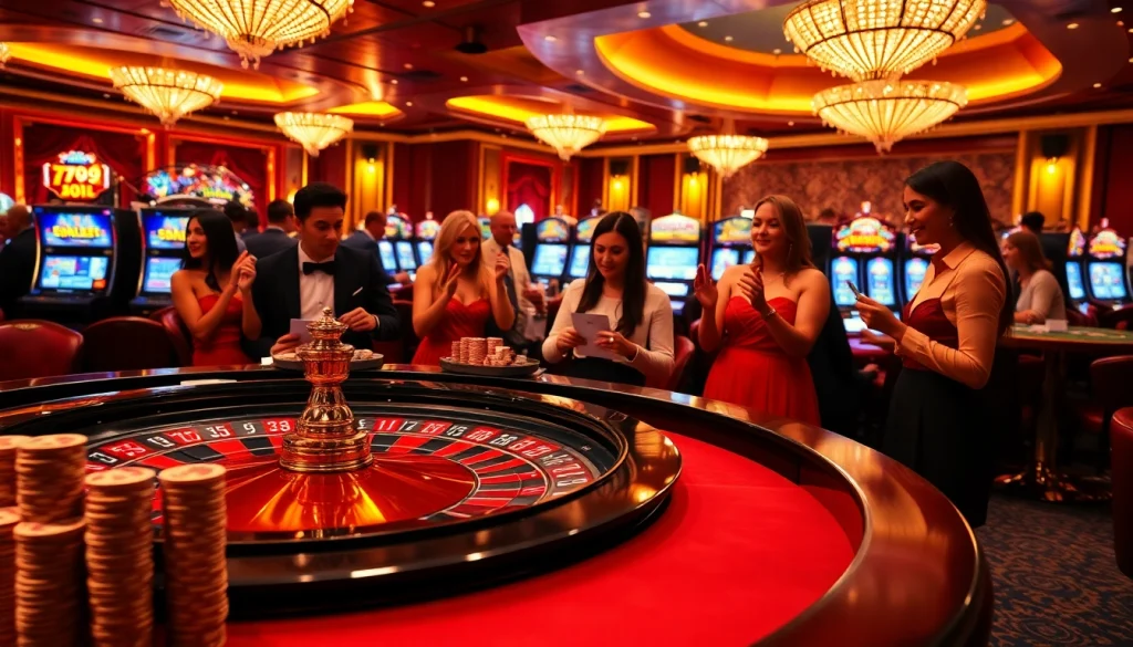 A high-stakes casino scene showcasing players engaging with poker chips and roulette at 789 P.
