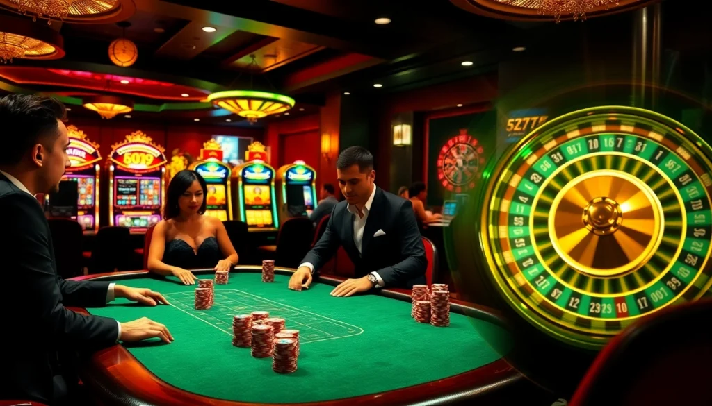 Action-packed casino scene highlighting the excitement of 5z7776 com with poker chips and a spinning roulette wheel.