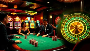 Action-packed casino scene highlighting the excitement of 5z7776 com with poker chips and a spinning roulette wheel.
