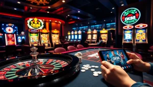 Experience high-stakes play at ok88's vibrant casino, showcasing poker chips and roulette action.