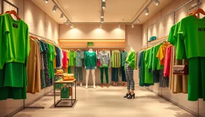 Stylish boutique display featuring trendy outfits labeled BOTOL169, showcasing vibrant fashion in soft lighting.