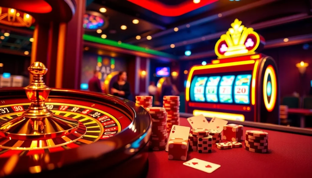 Experience the thrill of betting on VMAX, featuring vibrant casino visuals with roulette wheels and poker chips.