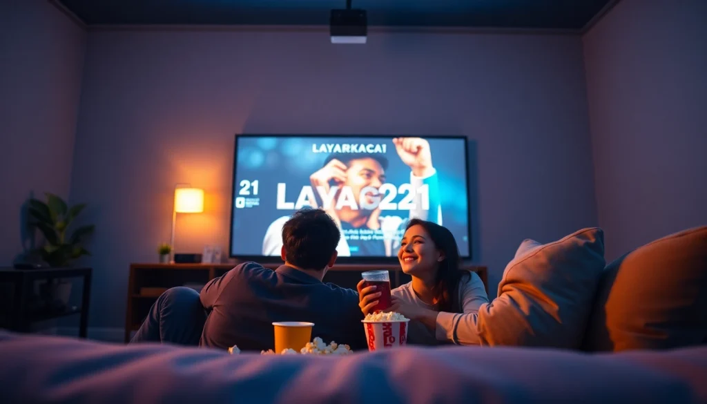 Couple enjoying a home theater setup featuring layarkaca21 movies in a cozy atmosphere.