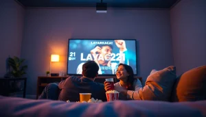 Couple enjoying a home theater setup featuring layarkaca21 movies in a cozy atmosphere.