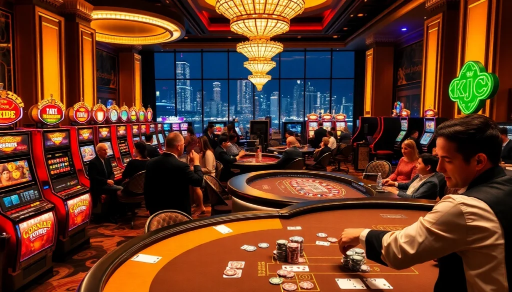 KJC casino showcasing vibrant gaming action and luxurious atmosphere with slot machines and poker tables.