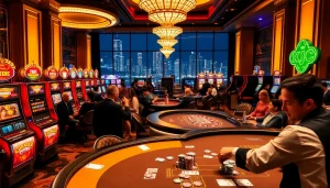 KJC casino showcasing vibrant gaming action and luxurious atmosphere with slot machines and poker tables.