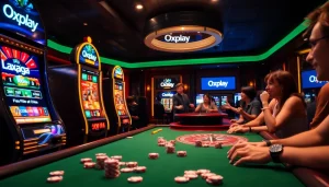 Experience the thrill of Oxplay with vibrant slot machines and excited players in action.