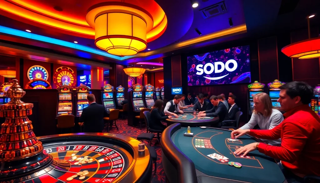 SODO players engaged at a luxury casino table with vibrant games and excitement.