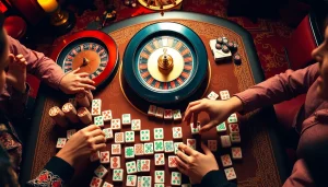 Players competing in link mahjong at an elegant casino table, showcasing colorful tiles and betting chips amid a vibrant atmosphere.