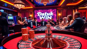 Rasakan sensasi Datuk Win di kasino yang hidup, menampilkan meja roulette mewah dan pemain yang terlibat.