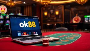 Engaging scene of ok88 casino experience with poker chips and exciting slot machines.