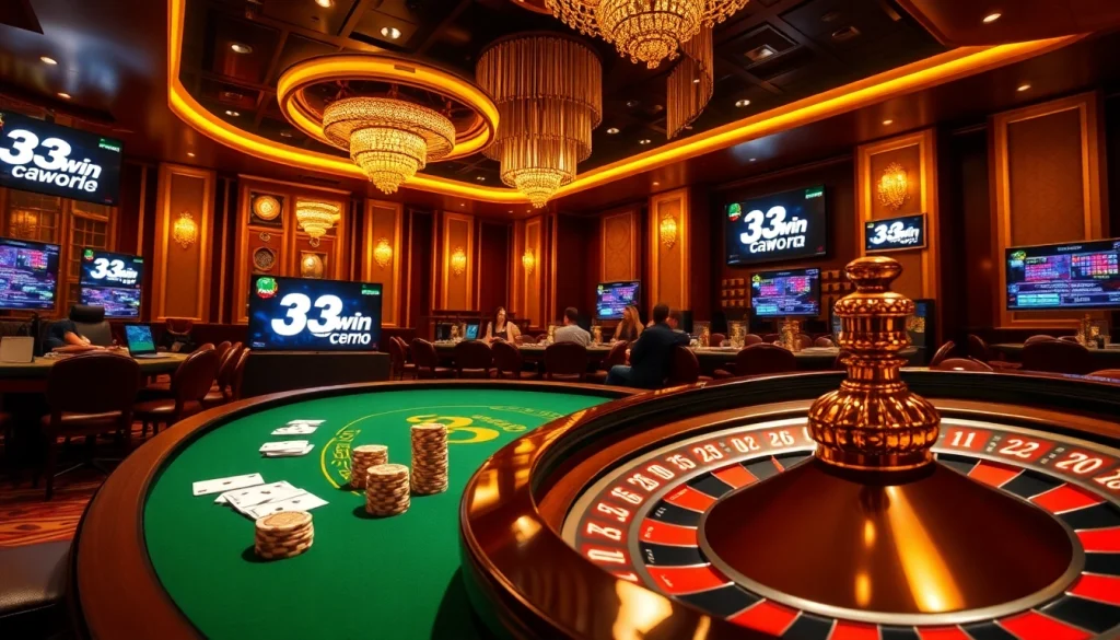 High-energy gambling action at a 33win poker table with elegant poker chips and cards.