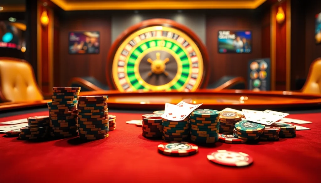 Exciting casino scene showcasing a luxurious poker table with j88 mobile app elements
