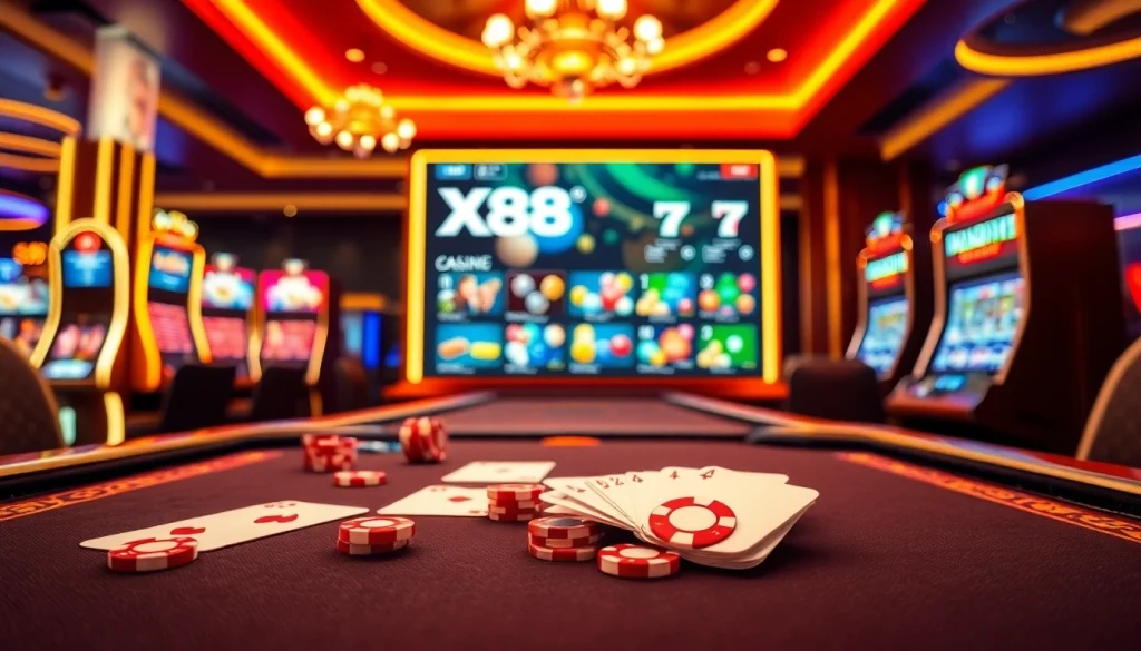 X88 online gambling interface highlighted with casino elements like chips and cards.