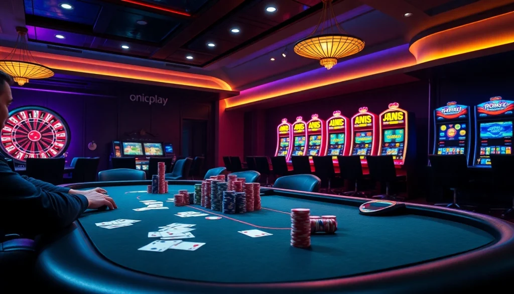 Engaged players at a vibrant poker table in a professional casino setting, highlighting onicplay excitement.