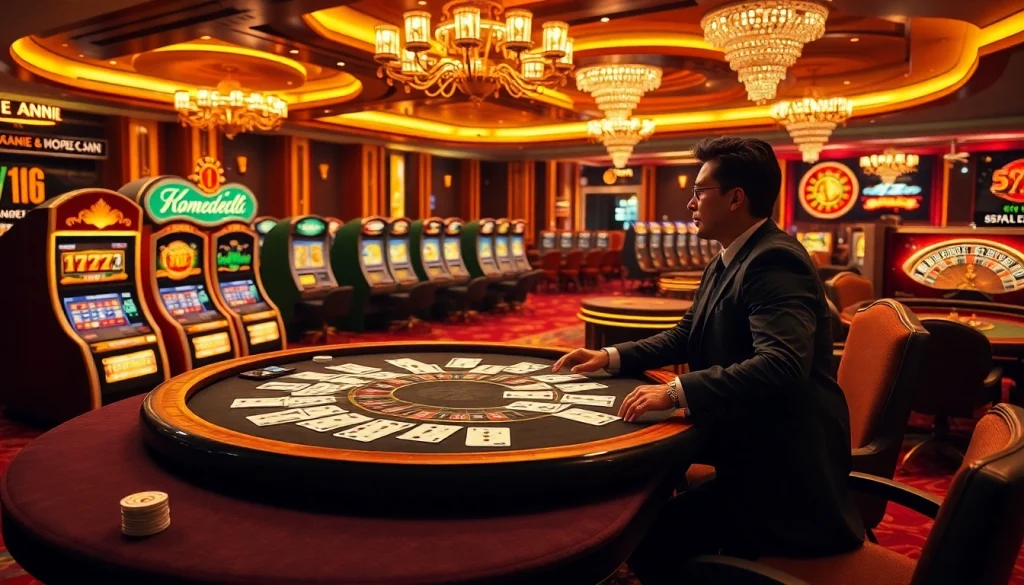 Gamble big at https://xx88.pizza/ with a vibrant casino backdrop featuring slot machines and poker chips.