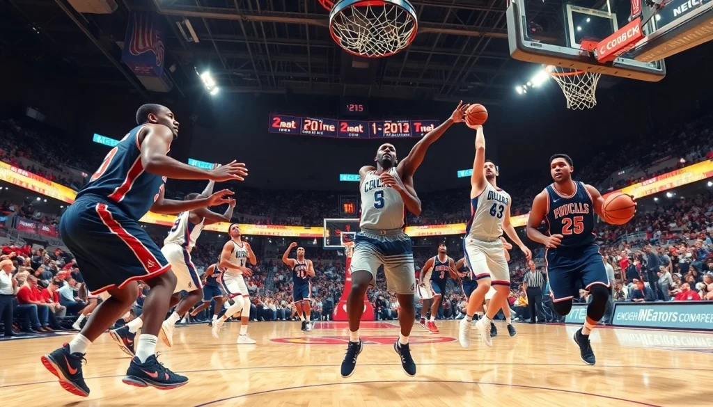 ผลบาสสด ของผู้เล่นบาสเก็ตบอลที่ทำการแข่งขันอย่างเข้มข้นในสนามกีฬา