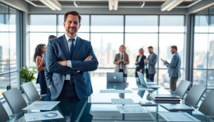 Dynamic scene of a crisis management consultant facilitating a team brainstorming session.