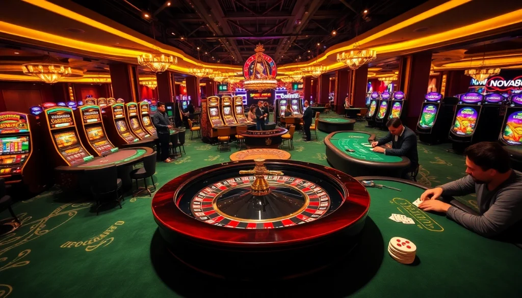 NOVA88 players enjoying a lively casino environment with roulette and colorful slot machines.