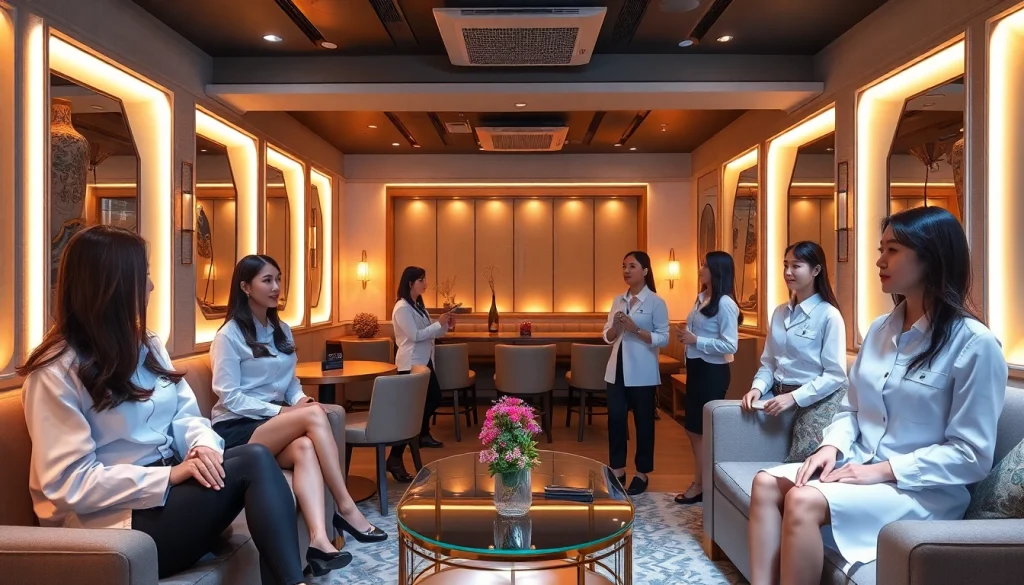 Suwon셔츠룸 showcasing an elegant interior with attractive managers engaging with guests, perfect for nightlife enthusiasts.