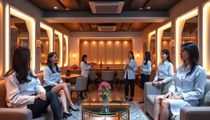Suwon셔츠룸 showcasing an elegant interior with attractive managers engaging with guests, perfect for nightlife enthusiasts.