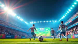 مشهد مثير لمباراة كرة قدم حية يعرض أجواء كورة لايف مع اللاعبين في الحركة والمشجعين يهتفون.