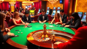 Exciting gameplay at https://xx88.today/ with poker tables and a roulette wheel in a luxurious casino setting.