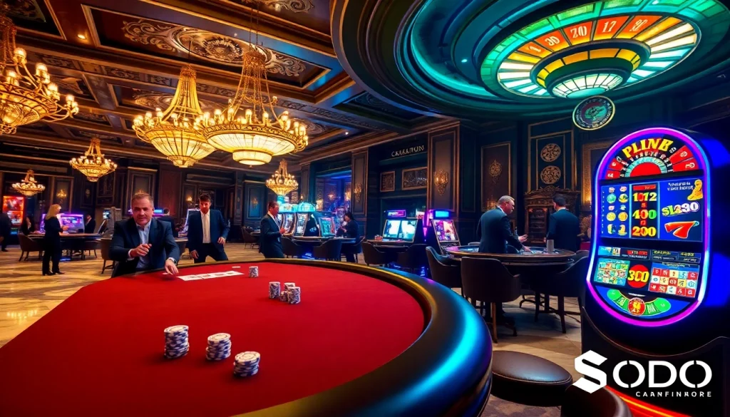 SODO Casino players engaging in poker with shiny chips and vibrant slot machines.