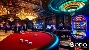 SODO Casino players engaging in poker with shiny chips and vibrant slot machines.