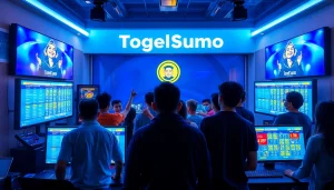 Lingkungan permainan TogelSumo dengan para pemain yang antusias melihat hasil undian dan opsi taruhan.