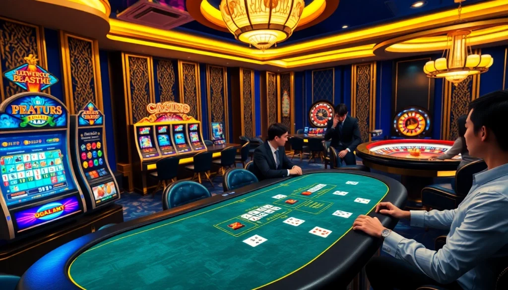 Engaged players at a luxurious 789P casino table with vibrant gaming elements.