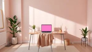 Relaxing workspace showcasing a pink screen background for creative focus.