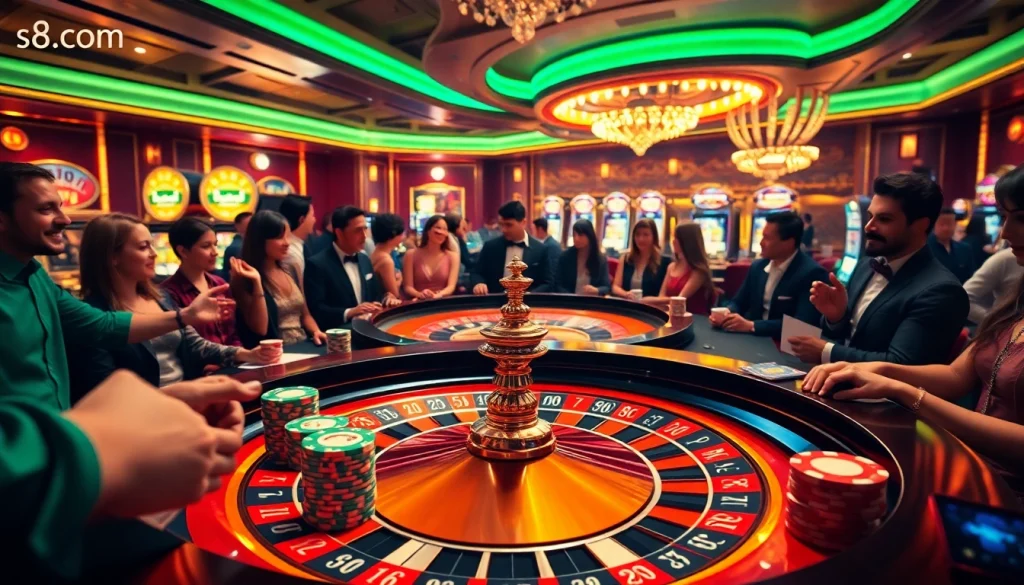 Experience the excitement of s8.com with vibrant casino games showcasing roulette, poker chips, and illuminated slot machines.