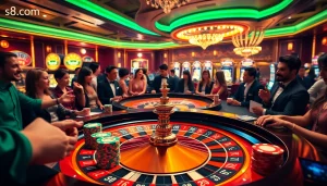 Experience the excitement of s8.com with vibrant casino games showcasing roulette, poker chips, and illuminated slot machines.